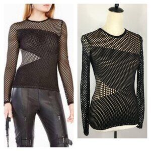 BCBGMAXAZRIA Black Beige MINDY Asymmetric Fishnet Mesh Paneled Stretch Shirt